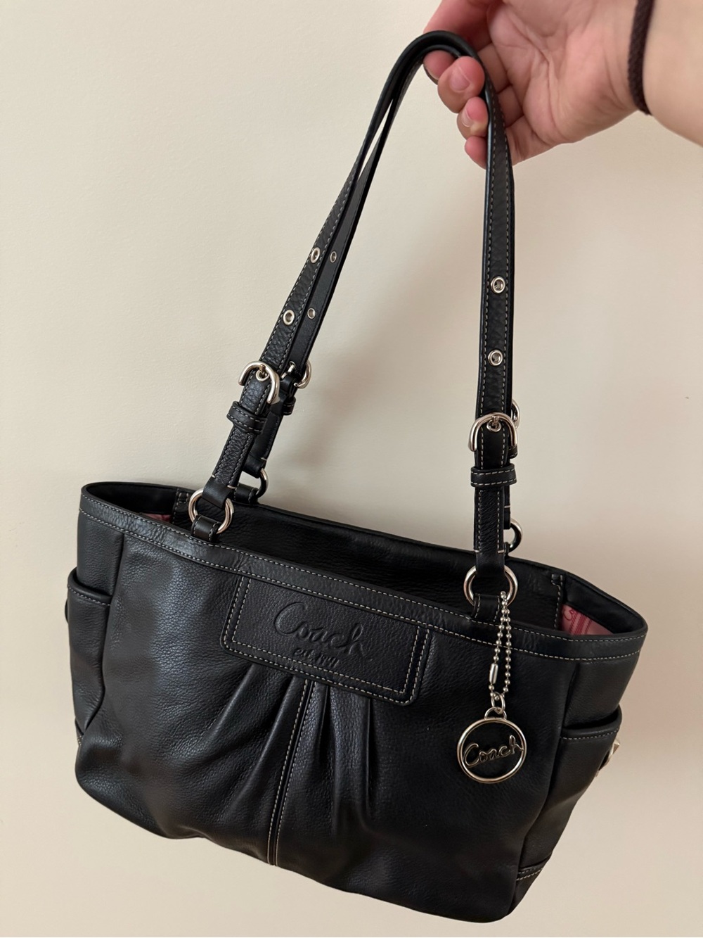 Coach Black Leather Shoulder Tote with Signature Charm
